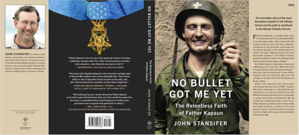 Wraparound book dust jacket with photo of Father Kapaun and author John Stansifer for Mark Malatesta Review