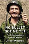 Photo of Father Emil Kapaun in military medic gear with helmet holding pipe on book cover for Mark Malatesta Review